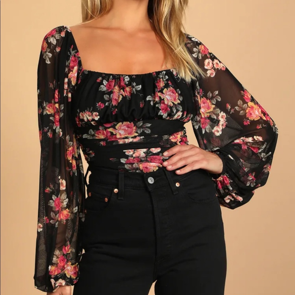Lulus Bloom into Autumn Black Floral Print Ruched Mesh Bodysuit